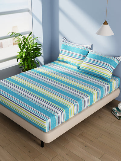 Cotton Double Bedsheet With 2 Pillow Covers <small> (stripe-blue/multi)</small>