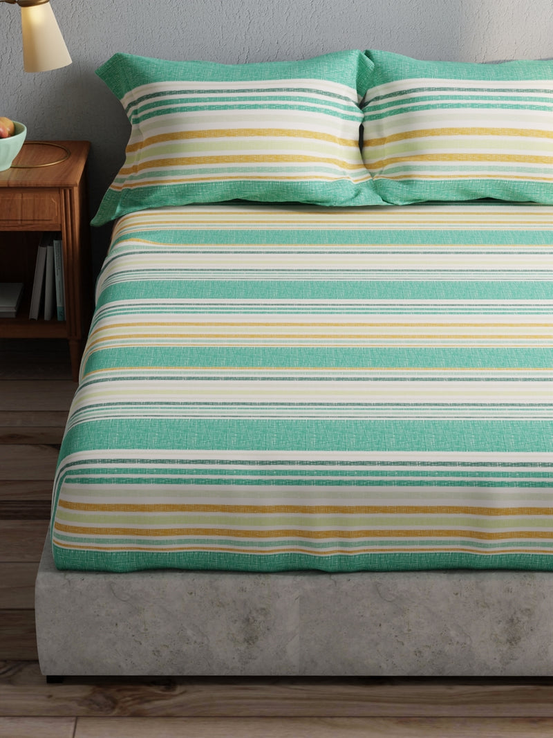 100% Pure Cotton Double Bedsheet With 2 Pillow Covers <small> (stripe-green/multi)</small>