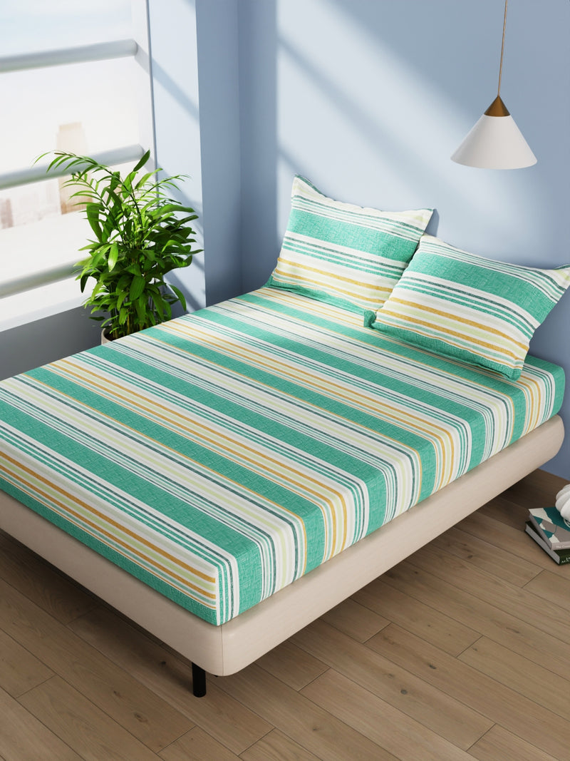 Cotton Double Bedsheet With 2 Pillow Covers <small> (stripe-green/multi)</small>