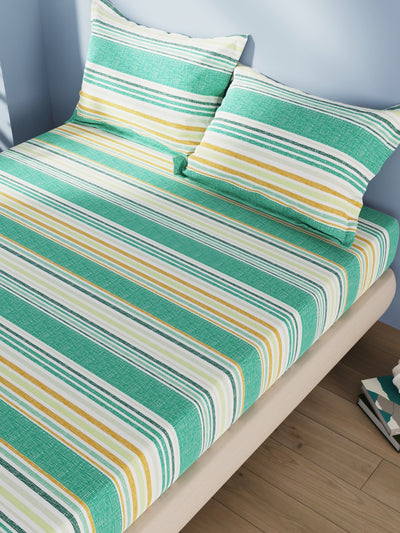 Cotton Double Bedsheet With 2 Pillow Covers <small> (stripe-green/multi)</small>