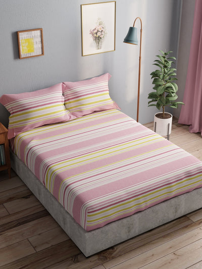 100% Pure Cotton Double Bedsheet With 2 Pillow Covers <small> (stripe-pink/multi)</small>