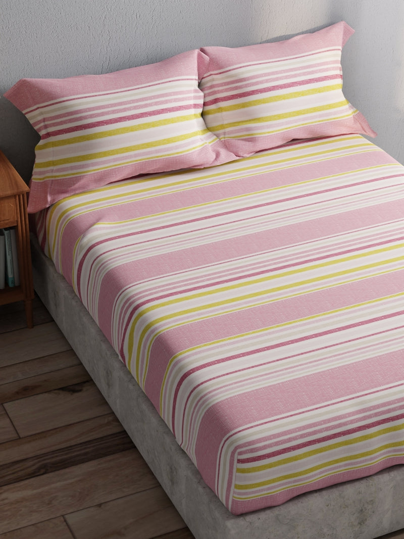 100% Pure Cotton Double Bedsheet With 2 Pillow Covers <small> (stripe-pink/multi)</small>