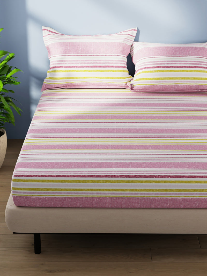 Cotton Double Bedsheet With 2 Pillow Covers <small> (stripe-pink/multi)</small>
