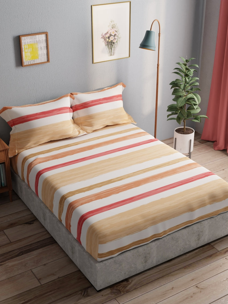 100% Pure Cotton Double Bedsheet With 2 Pillow Covers <small> (stripe-beige/red)</small>