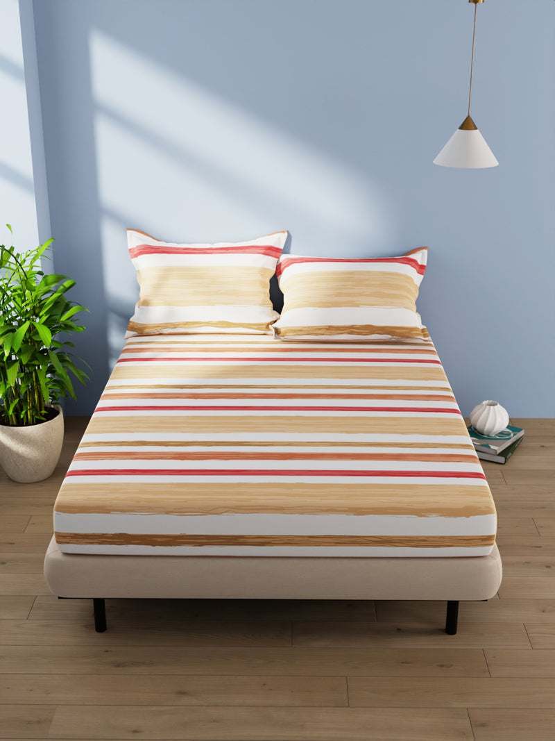 Cotton Double Bedsheet With 2 Pillow Covers <small> (stripe-beige/red)</small>