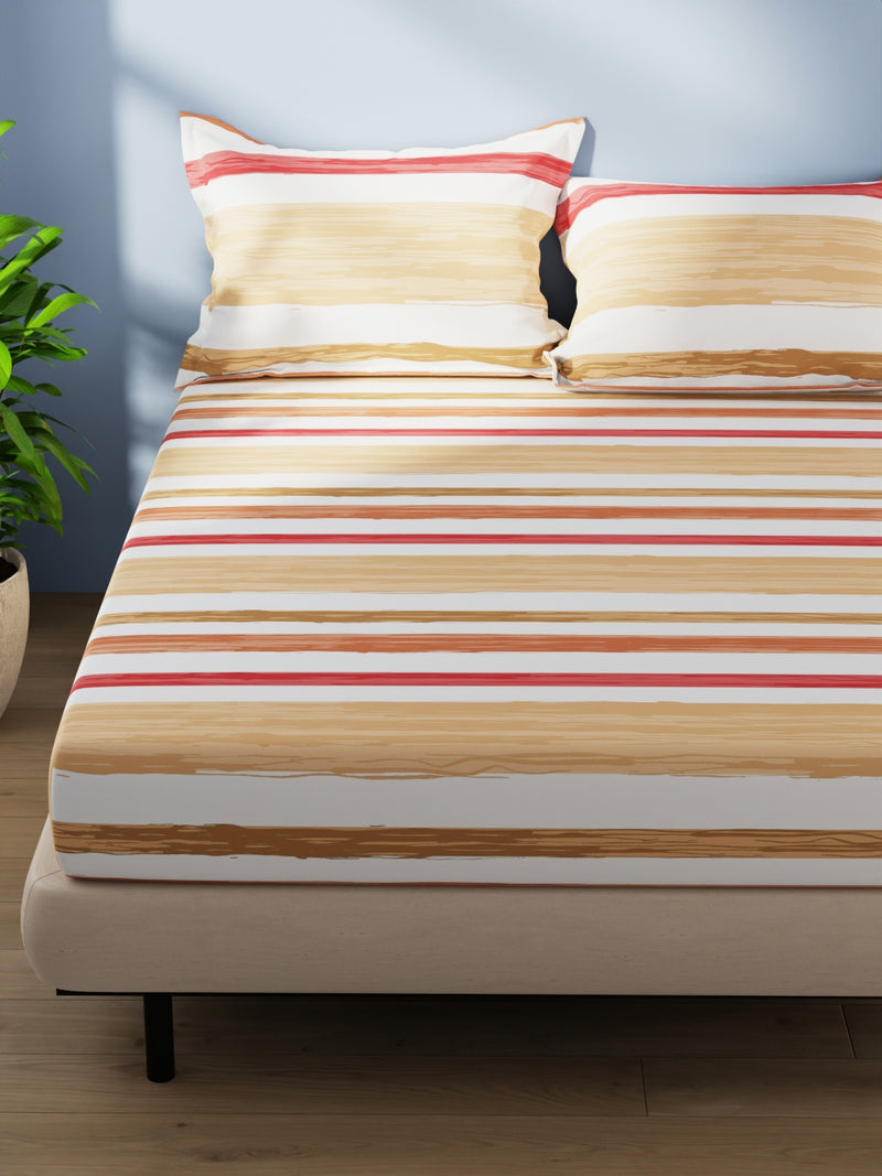 Cotton Double Bedsheet With 2 Pillow Covers <small> (stripe-beige/red)</small>