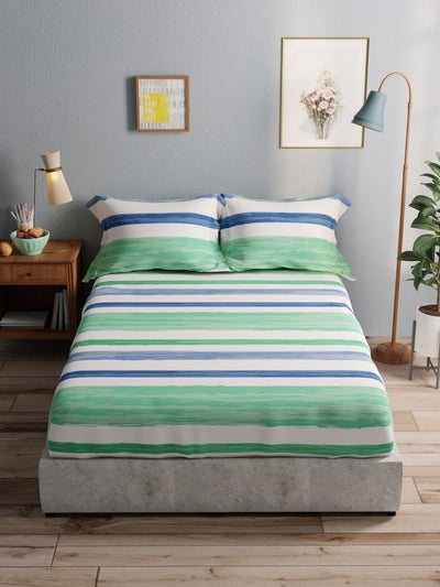 100% Pure Cotton Double Bedsheet With 2 Pillow Covers <small> (stripe-green/blue)</small>