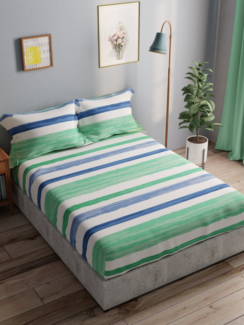 100% Pure Cotton Double Bedsheet With 2 Pillow Covers <small> (stripe-green/blue)</small>