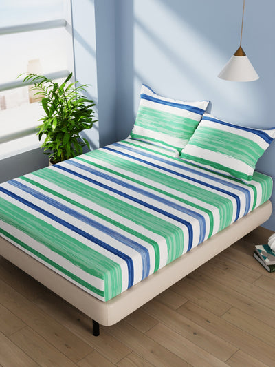 Cotton Double Bedsheet With 2 Pillow Covers <small> (stripe-green/blue)</small>