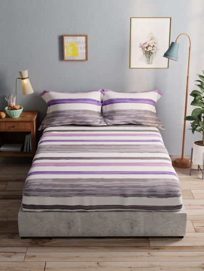 100% Pure Cotton Double Bedsheet With 2 Pillow Covers <small> (stripe-grey/purple)</small>