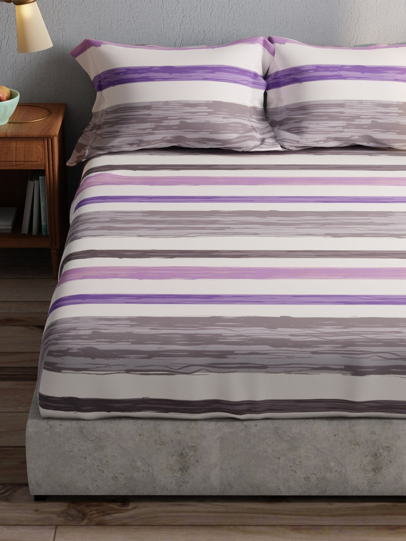 100% Pure Cotton Double Bedsheet With 2 Pillow Covers <small> (stripe-grey/purple)</small>