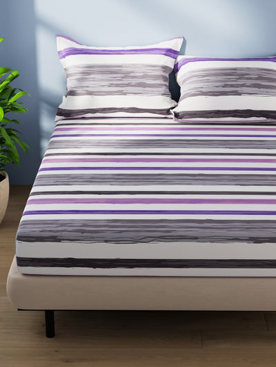 Cotton Double Bedsheet With 2 Pillow Covers <small> (stripe-grey/purple)</small>