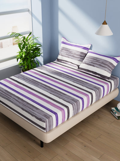 Cotton Double Bedsheet With 2 Pillow Covers <small> (stripe-grey/purple)</small>