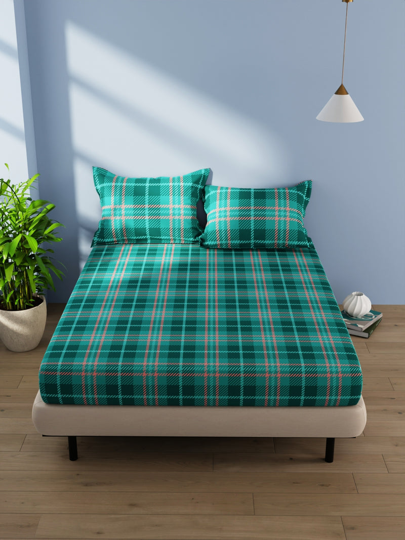 Cotton Double Bedsheet With 2 Pillow Covers <small> (checks-green)</small>