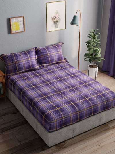 100% Pure Cotton Double Bedsheet With 2 Pillow Covers <small> (checks-purple)</small>
