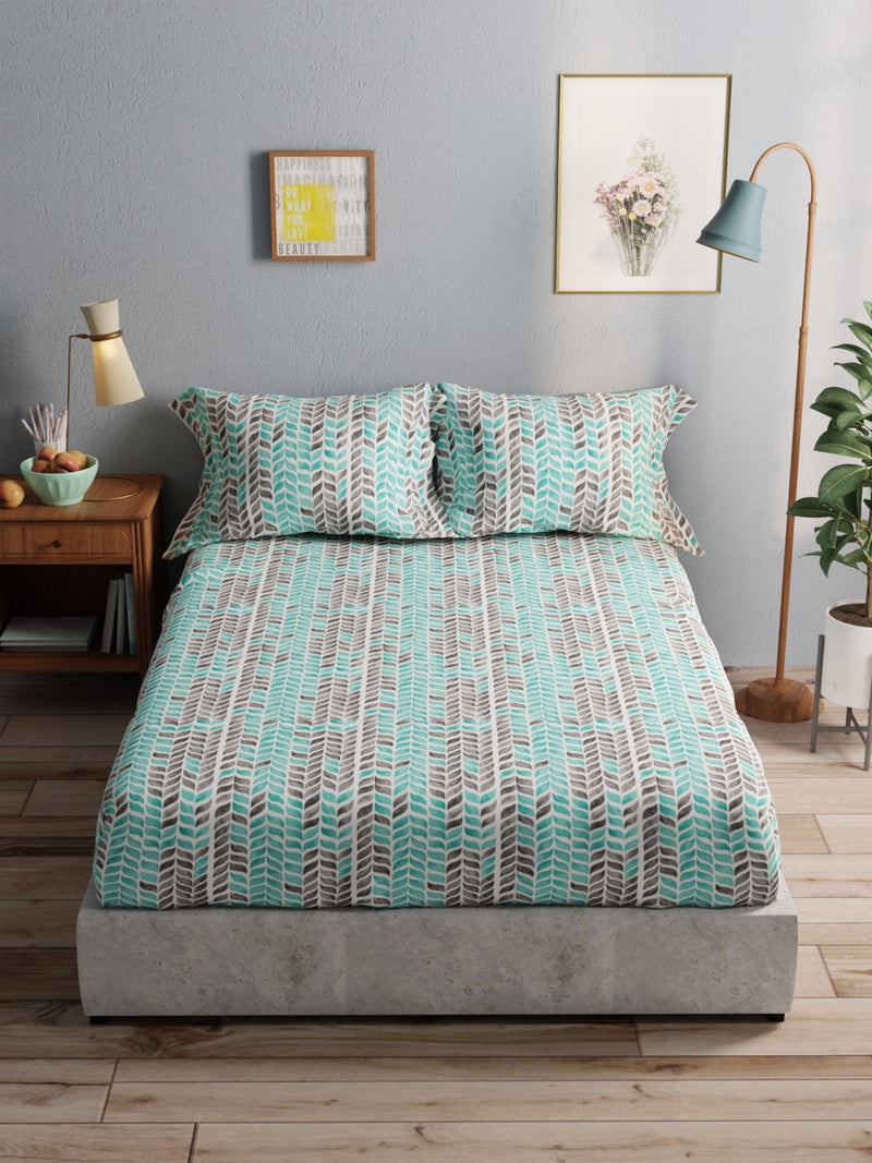 100% Pure Cotton Double Bedsheet With 2 Pillow Covers <small> (ornamental-grey/seagreen)</small>