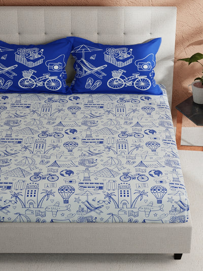 Soft 100% Natural Cotton, King Size Double Bedsheet With 2 Pillow Covers <small> (ornamental-royalblue)</small>