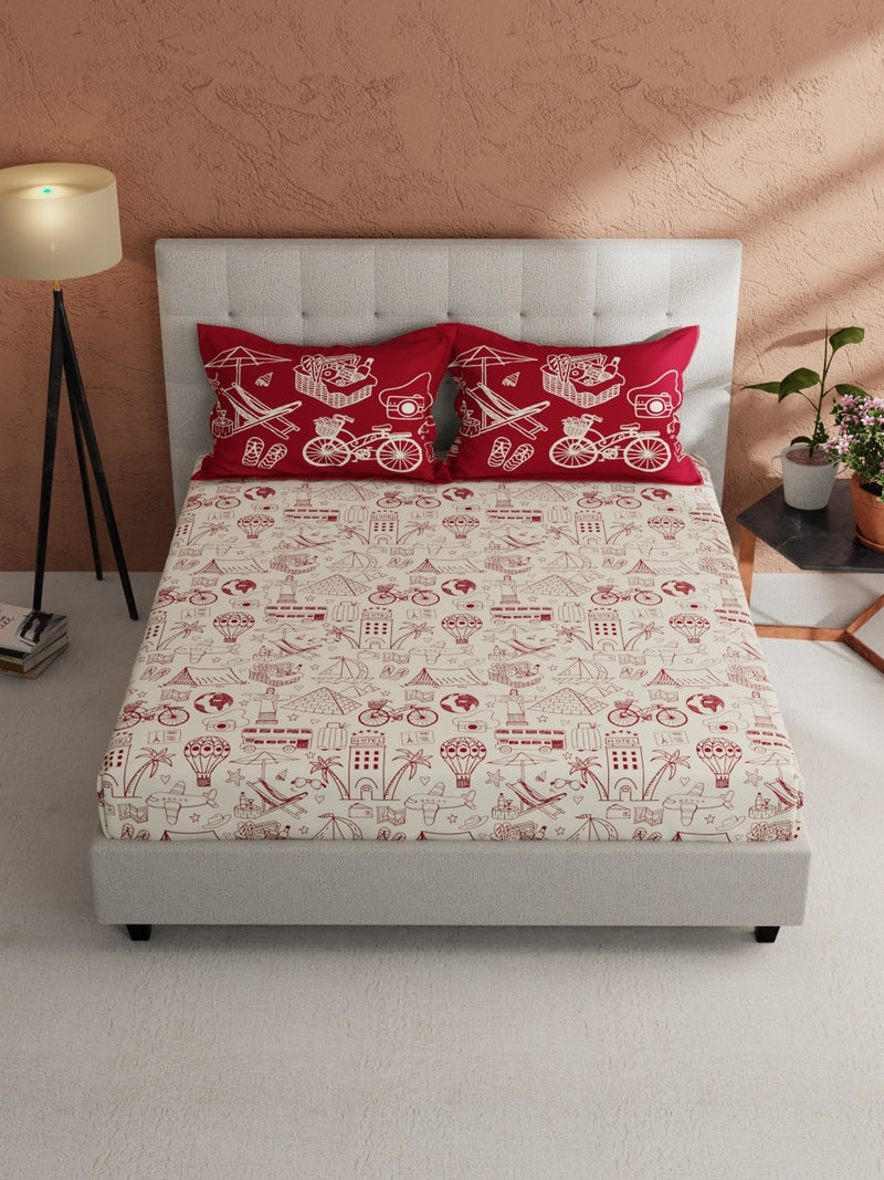 Soft 100% Natural Cotton, King Size Double Bedsheet With 2 Pillow Covers <small> (ornamental-ivory/red)</small>