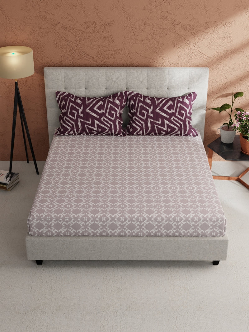 Soft 100% Natural Cotton, King Size Double Bedsheet With 2 Pillow Covers <small> (ornamental-grey/lilac)</small>