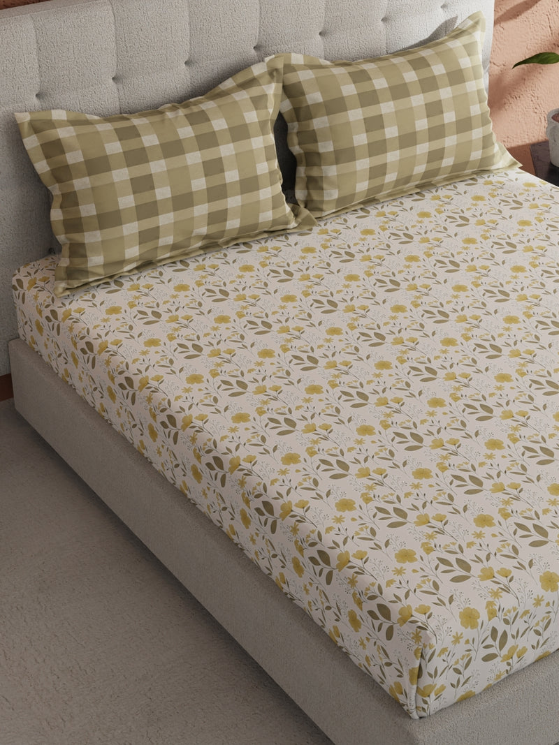 Soft 100% Natural Cotton, King Size Double Bedsheet With 2 Pillow Covers <small> (floral-white/gold)</small>