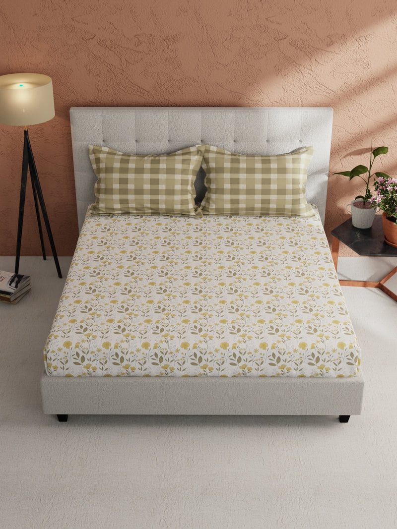 Soft 100% Natural Cotton, King Size Double Bedsheet With 2 Pillow Covers <small> (floral-white/gold)</small>