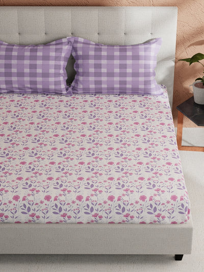 Soft 100% Natural Cotton, King Size Double Bedsheet With 2 Pillow Covers <small> (floral-white/pink)</small>