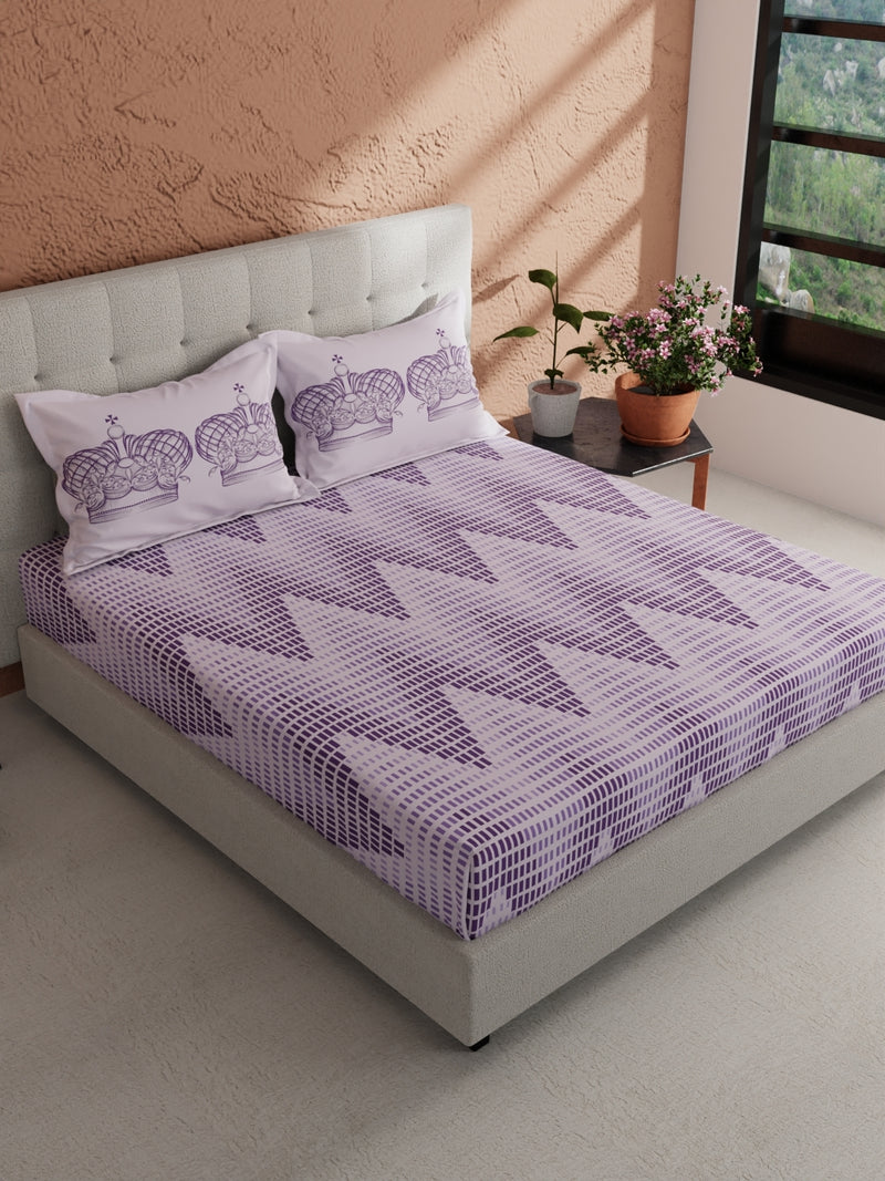 Soft 100% Natural Cotton, King Size Double Bedsheet With 2 Pillow Covers <small> (geometric-purple)</small>