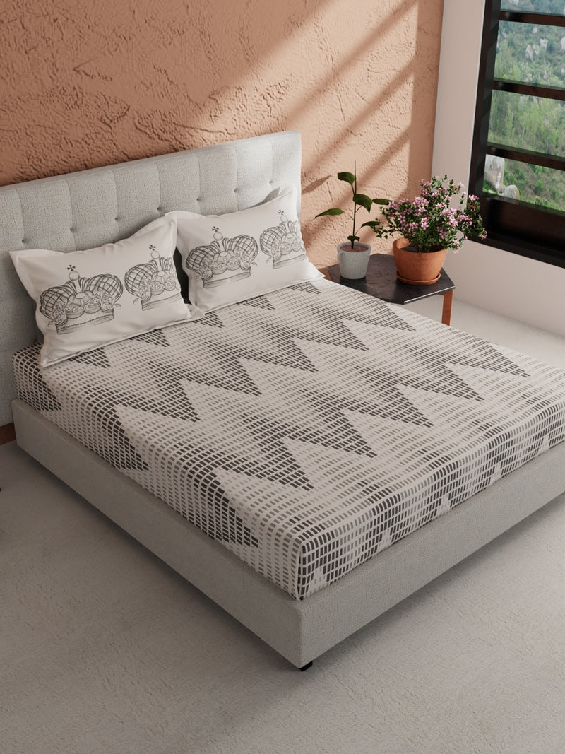 Soft 100% Natural Cotton, King Size Double Bedsheet With 2 Pillow Covers <small> (geometric-charcoalgrey)</small>