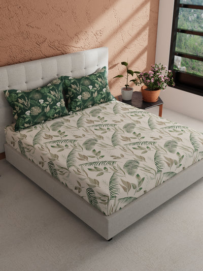 Soft 100% Natural Cotton, King Size Double Bedsheet With 2 Pillow Covers <small> (floral-beige/green)</small>
