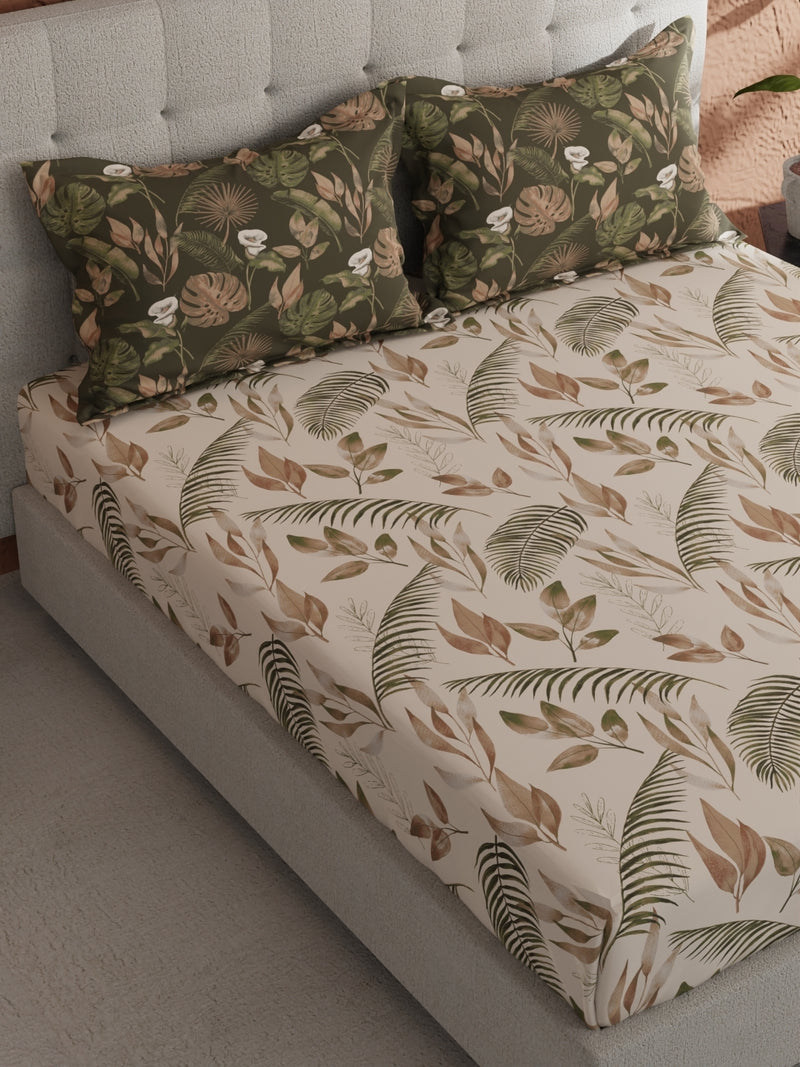 Soft 100% Natural Cotton, King Size Double Bedsheet With 2 Pillow Covers <small> (floral-sand/olive)</small>