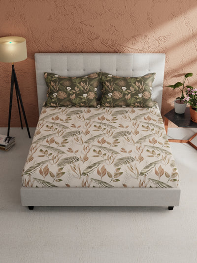 Soft 100% Natural Cotton, King Size Double Bedsheet With 2 Pillow Covers <small> (floral-sand/olive)</small>