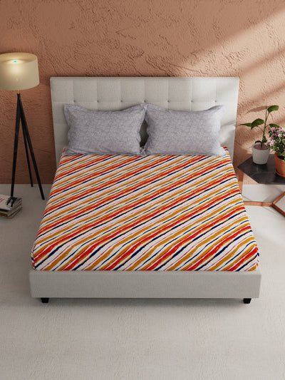 Soft 100% Natural Cotton, King Size Double Bedsheet With 2 Pillow Covers <small> (stripe-orange/navy)</small>