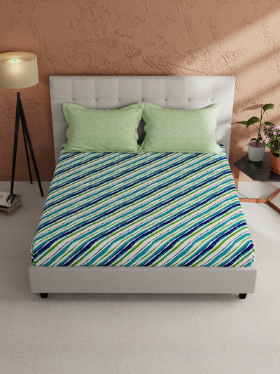 Soft 100% Natural Cotton, King Size Double Bedsheet With 2 Pillow Covers <small> (stripe-teal/green)</small>