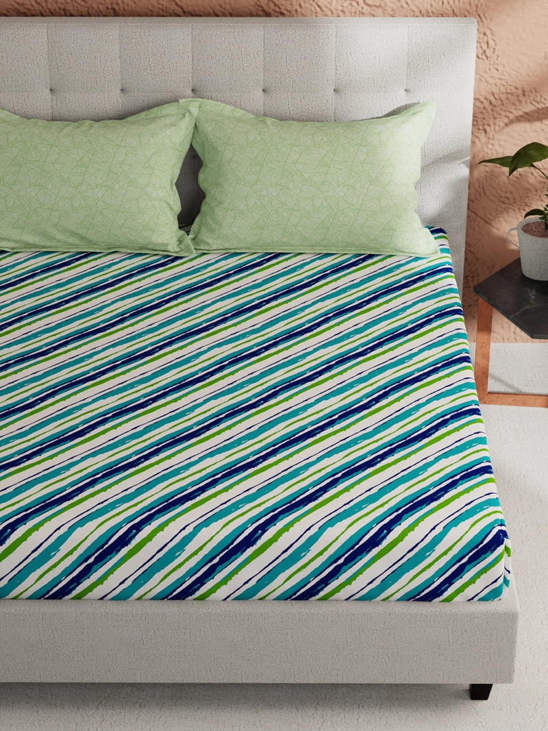 Soft 100% Natural Cotton, King Size Double Bedsheet With 2 Pillow Covers <small> (stripe-teal/green)</small>