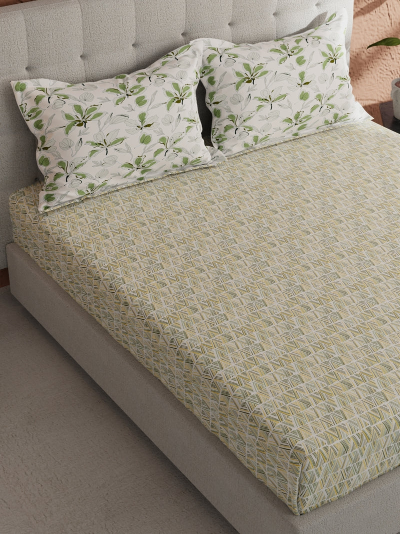 Soft 100% Natural Cotton, King Size Double Bedsheet With 2 Pillow Covers <small> (geometric-green/multi)</small>