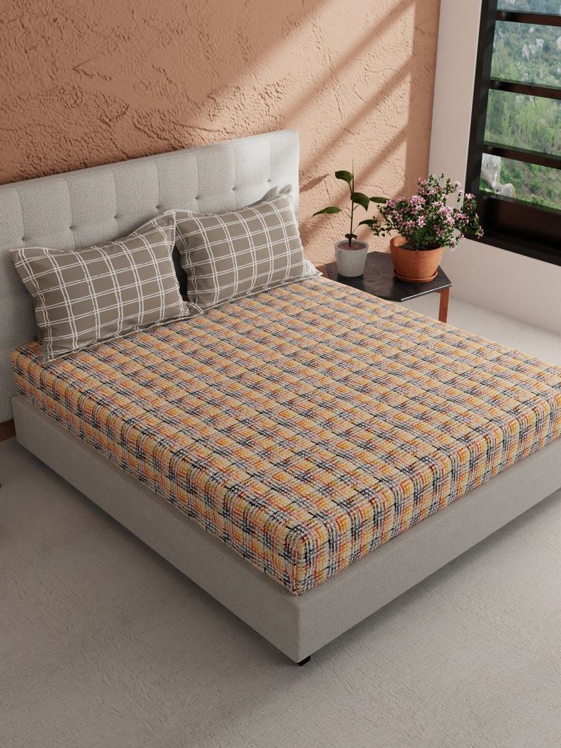 Soft 100% Natural Cotton, King Size Double Bedsheet With 2 Pillow Covers <small> (abstract-orange/multi)</small>