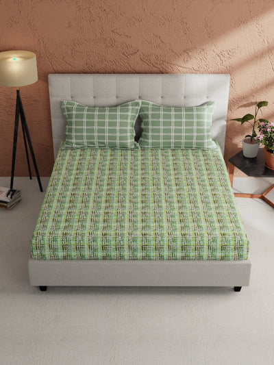 Soft 100% Natural Cotton, King Size Double Bedsheet With 2 Pillow Covers <small> (abstract-green/multi)</small>