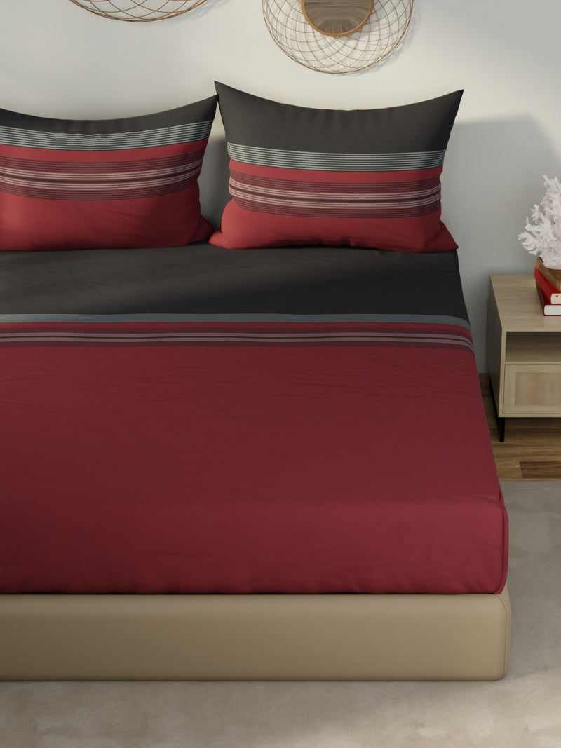 Designer 100% Satin Cotton Xl King Bedsheet With 2 Pillow Covers <small> (stripe-red/black)</small>