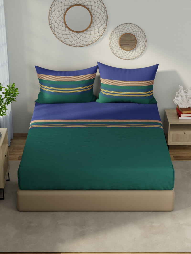 Designer 100% Satin Cotton Xl King Bedsheet With 2 Pillow Covers <small> (stripe-green/blue)</small>