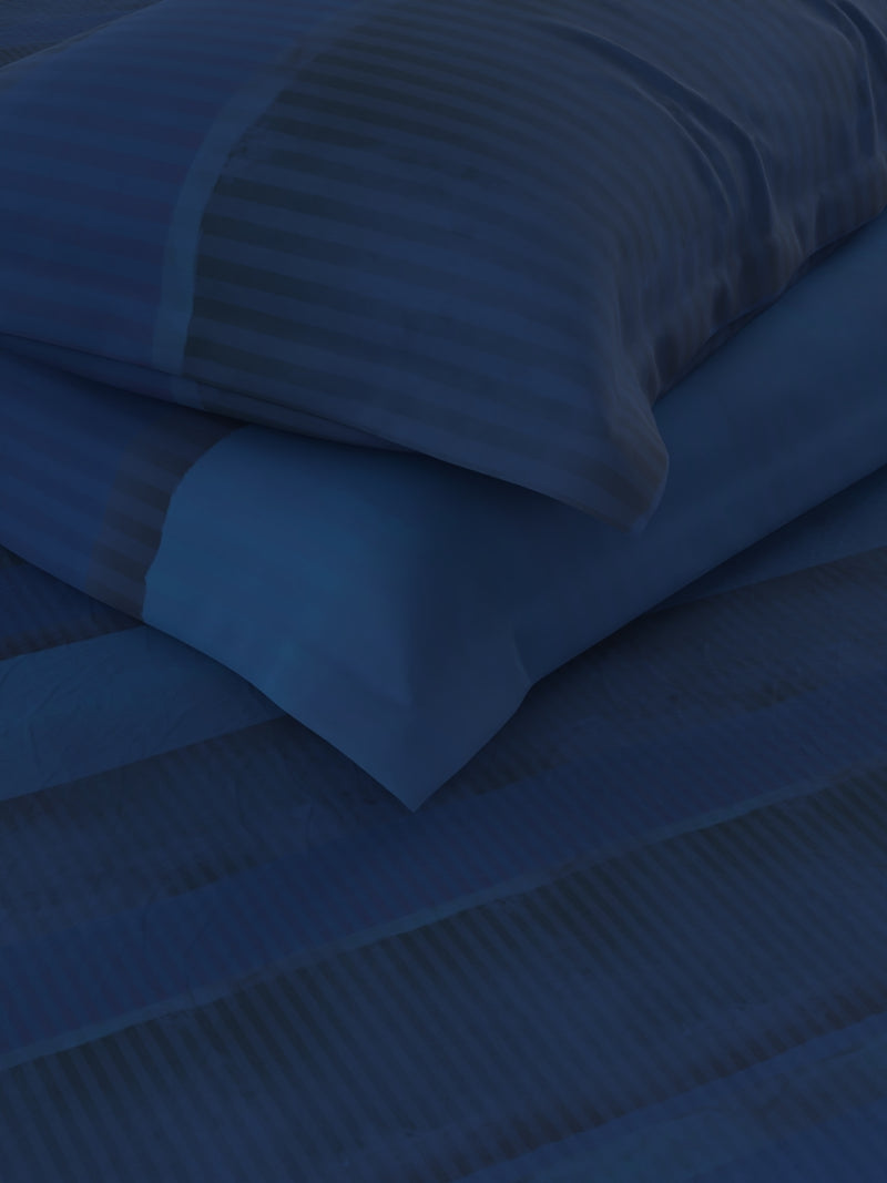 Designer 100% Satin Cotton Xl King Bedsheet With 2 Pillow Covers <small> (stripe-blue)</small>