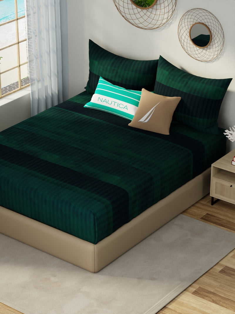 Designer 100% Satin Cotton Xl King Bedsheet With 2 Pillow Covers <small> (stripe-dk.blue/green)</small>