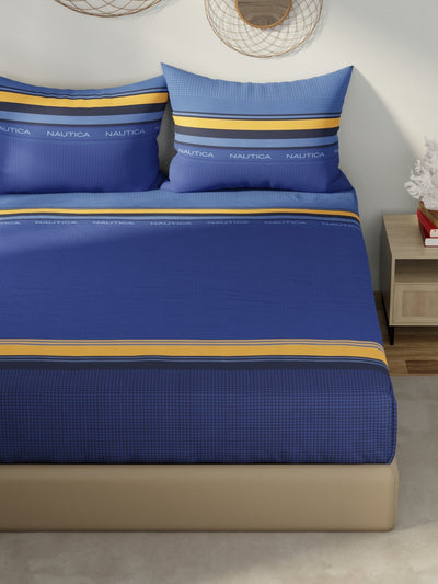 Designer 100% Satin Cotton Xl King Bedsheet With 2 Pillow Covers <small> (stripe-blue/yellow)</small>