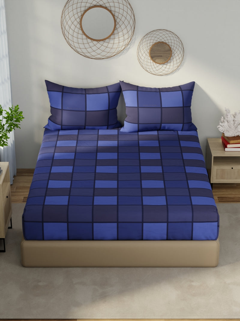 Designer 100% Satin Cotton Xl King Bedsheet With 2 Pillow Covers <small> (stripe-blue/dk.blue)</small>