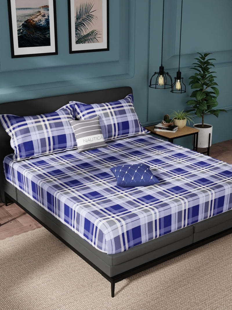 100% Pure Cotton Double Bedsheet With 2 Pillow Covers <small> (checks-cobaltblue)</small>