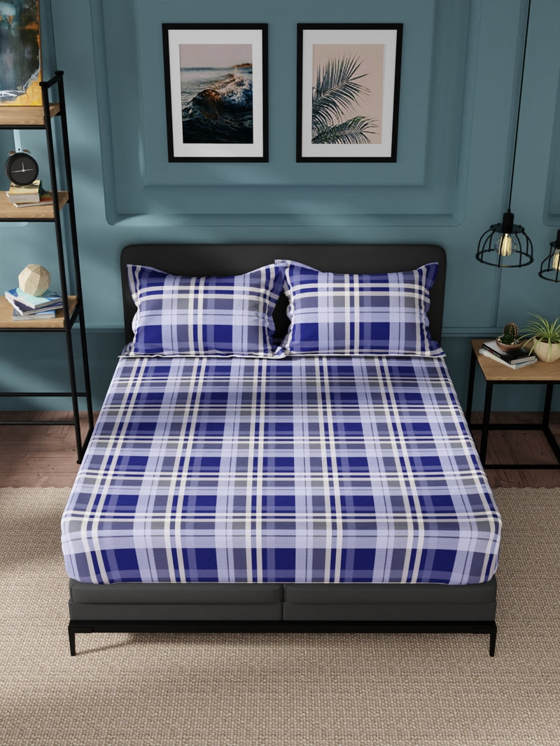 100% Pure Cotton Double Bedsheet With 2 Pillow Covers <small> (checks-cobaltblue)</small>