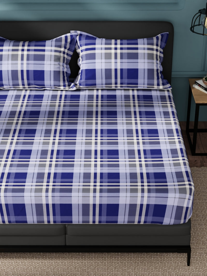 100% Pure Cotton Double Bedsheet With 2 Pillow Covers <small> (checks-cobaltblue)</small>