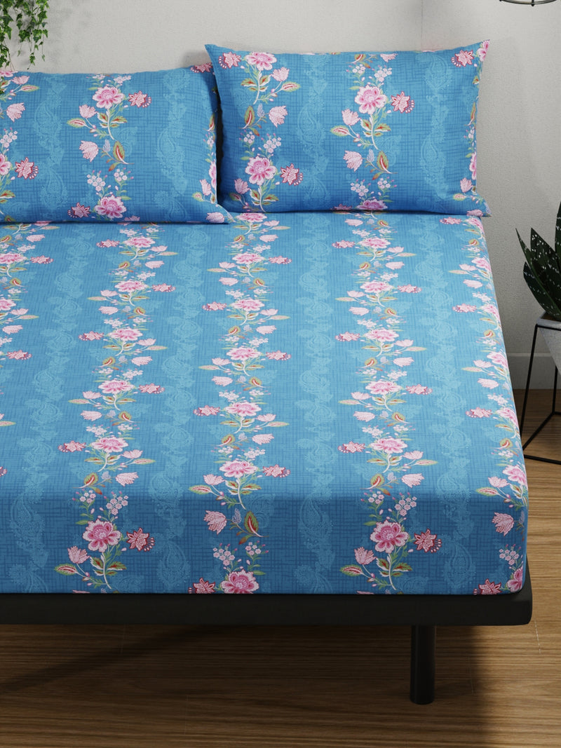 100% Pure Cotton Double Bedsheet With 2 Pillow Covers <small> (floral-blue/pink)</small>