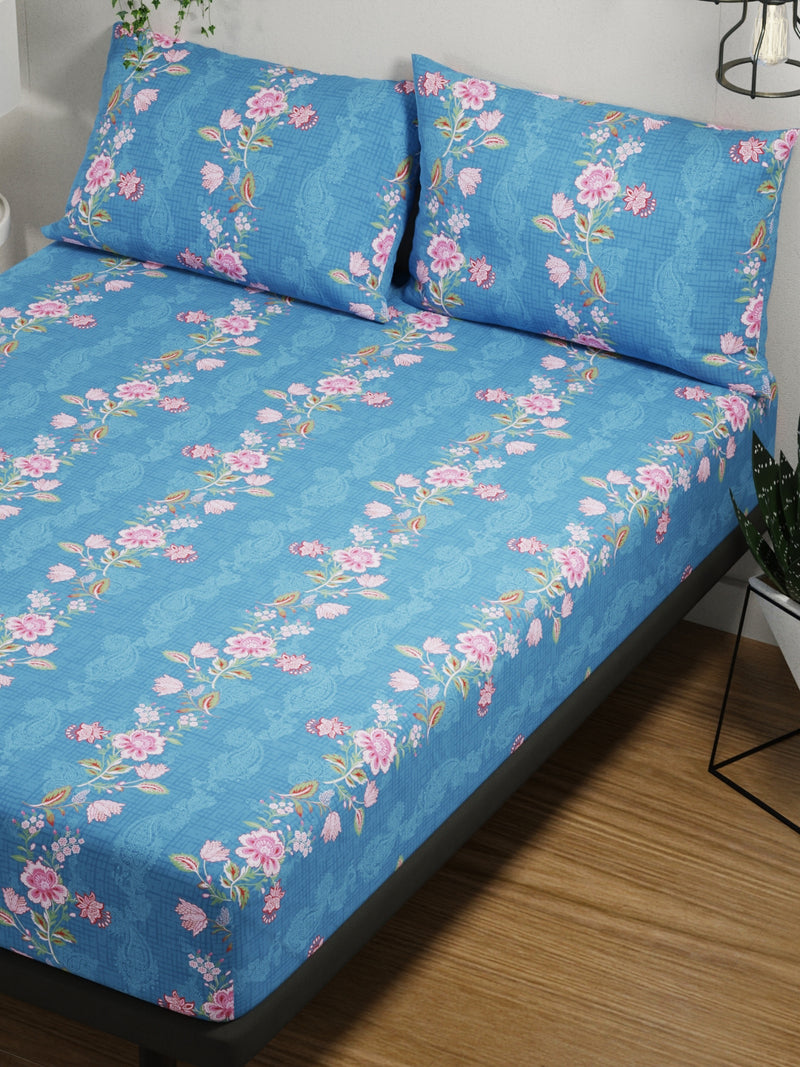 100% Pure Cotton Double Bedsheet With 2 Pillow Covers <small> (floral-blue/pink)</small>