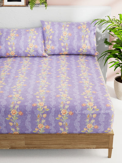 Soft 100% Natural Cotton Double Bedsheet With 2 Pillow Covers <small> (floral-lilac/orange)</small>