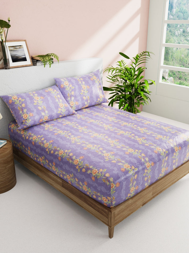 Soft 100% Natural Cotton Double Bedsheet With 2 Pillow Covers <small> (floral-lilac/orange)</small>